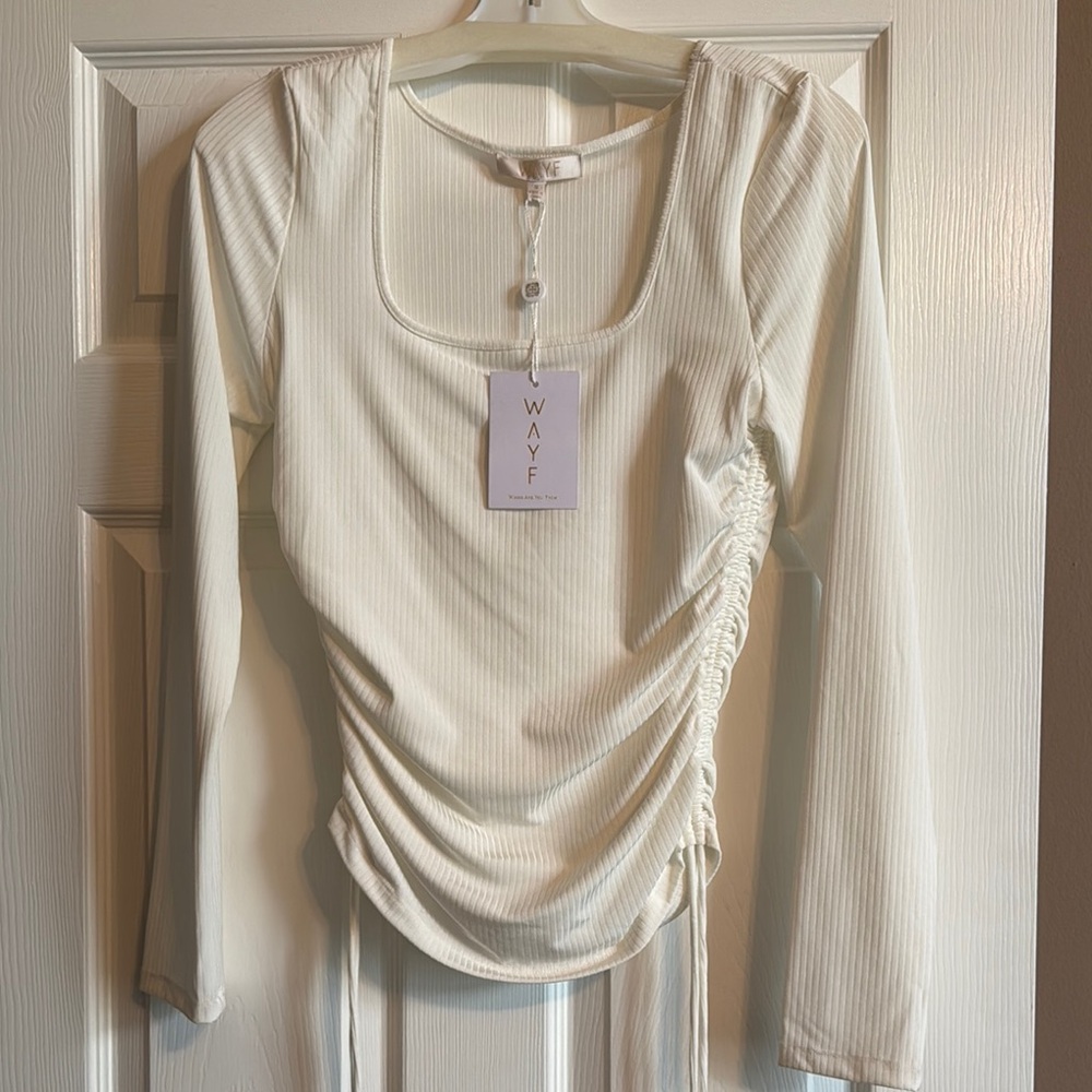 WAYF Cream Ruched Puff Sleeve Blouse